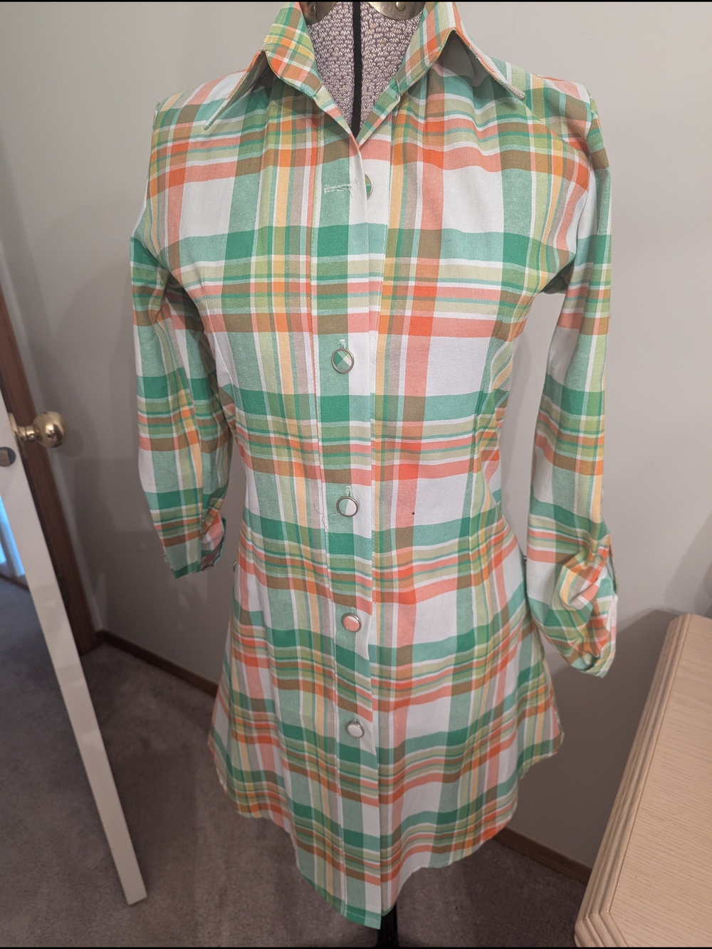 Boss Long-Sleeve Plaid Shirt Dress in Green, Orange & White